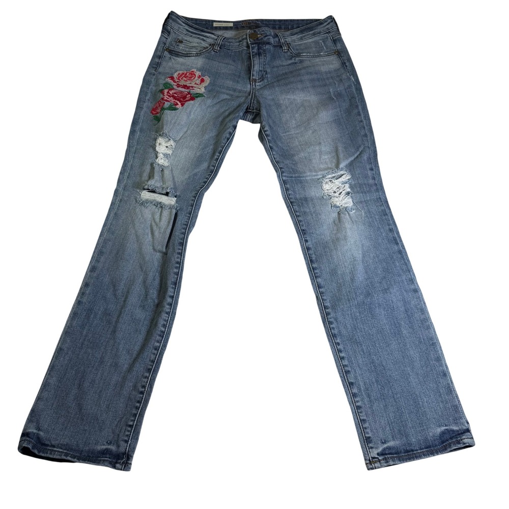 Kut from the Kloth Catherine Boyfriend Women 10 Blue Excellent Rose Embroidered